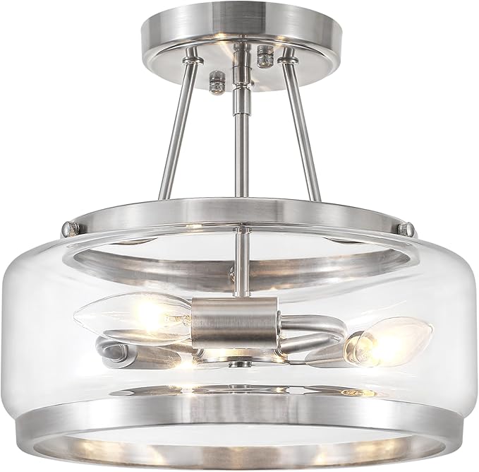 Brushed Nickel Modern Ceiling Lights 3-Light Hallway Light Fixtures Semi Flush Mount Kitchen Ceiling Lighting Drum Glass Entryway Chandelier for Bathroom Foyer Laundry Dining Room Bedroom