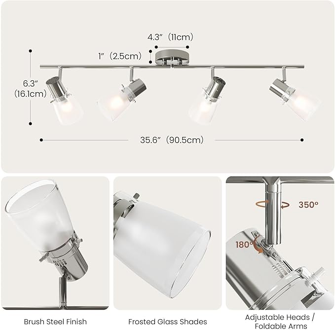 4-Light Track Lighting Kit, Brushed Nickel Flush Mount Ceiling Light Fixture with Frosted Glass Shades, Foldable Arms with E26 Adjustable Heads Spotlight, ETL Listed (35.6 inch)