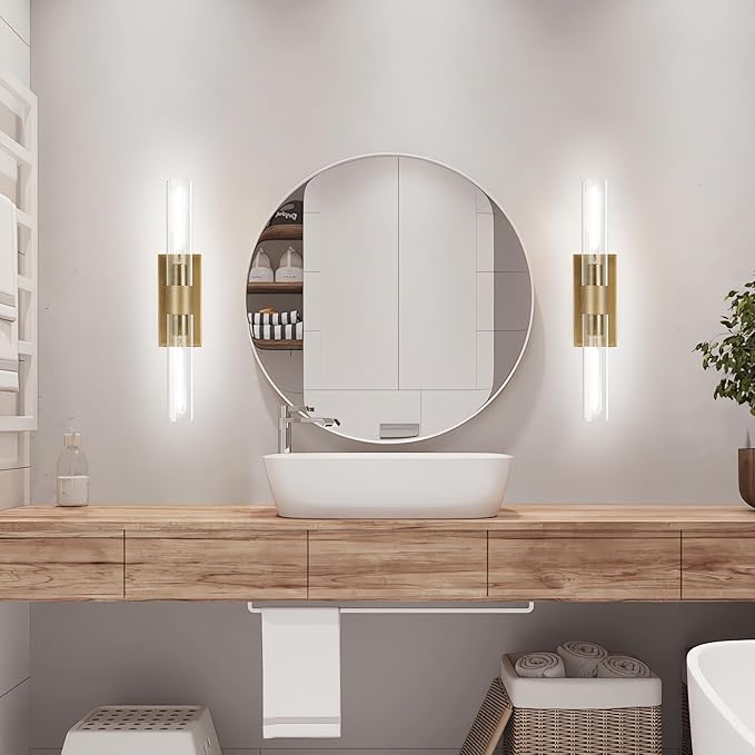 22.8" Knurled Brass Wall Sconces, 2-Light Dimmable Modern Lamp Lighting, Bronze Wall Lighting with Glass, Gold Vanity Light Fixtures Tube Sconce for Bedroom, Living Room, Hallway, Mirror, Kitchen