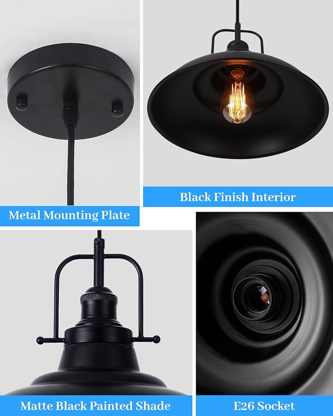Farmhouse Pendant Lighting for Kitchen Island 2 Pack,Black Pendant Light with Handle, Adjustable Height Industrial Ceiling Light Fixture for Hallway Dining Room Restaurant