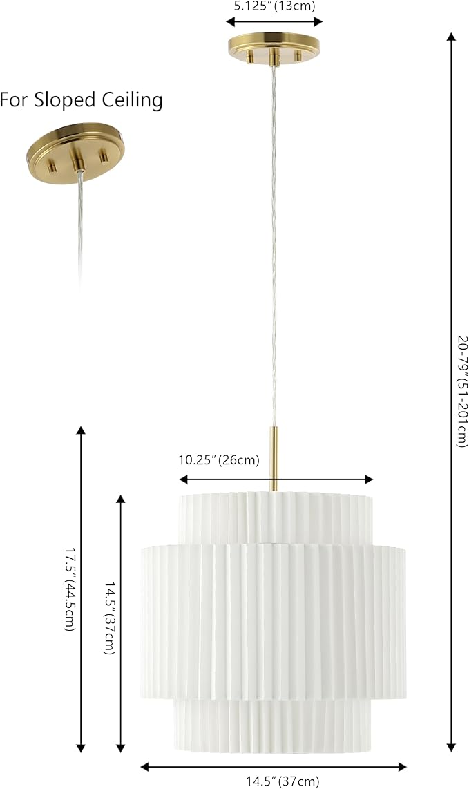 JONATHAN Y 14.5" Brass Gold and White 1-Light Iron Pendant Light, Vintage Mid-Century Modern with Pleated Linen Shade, Adjustable Height for Kitchen, LED Bulb Included JYL2408A