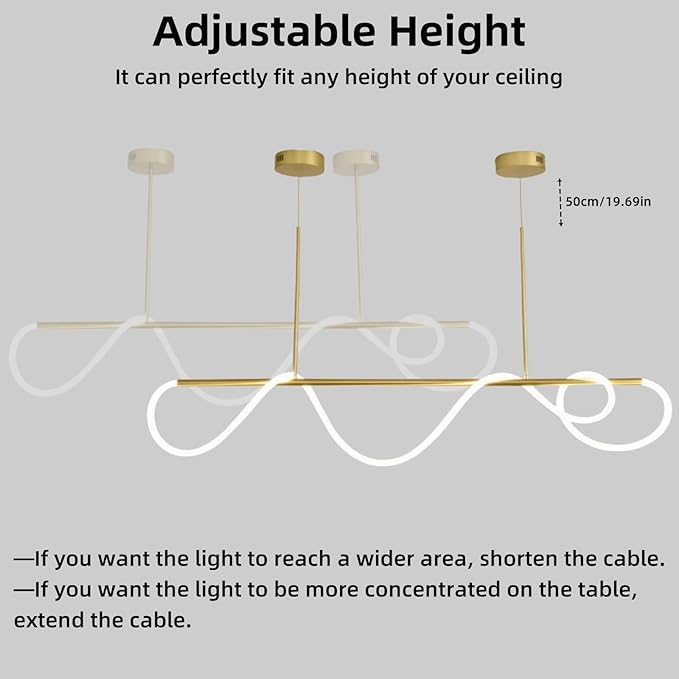 47" Pendant Lights Kitchen Island, 21W LED Dimmable Chandelier with Remote Control, Aluminum Linear Hanging Light Fixture for Dining Room Kitchen Island Bar (Gold, 47 in)
