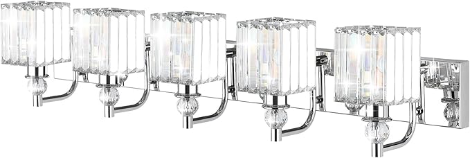 Ralbay Modern Crystal Bathroom Vanity Light 5 Light 40''Chrome Vanity Lighting Over Mirror Bathroom Wall Lighting Fixtures