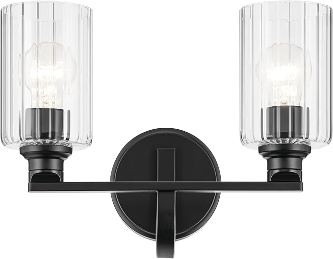 Kichler Gioe 14.25" 2-Light Bathroom Vanity Light Fixture with Clear Fluted Glass in Black, Damp Rated for Powder Room Over Mirror (14.25" W x 10.5" H), 55225BKFLU