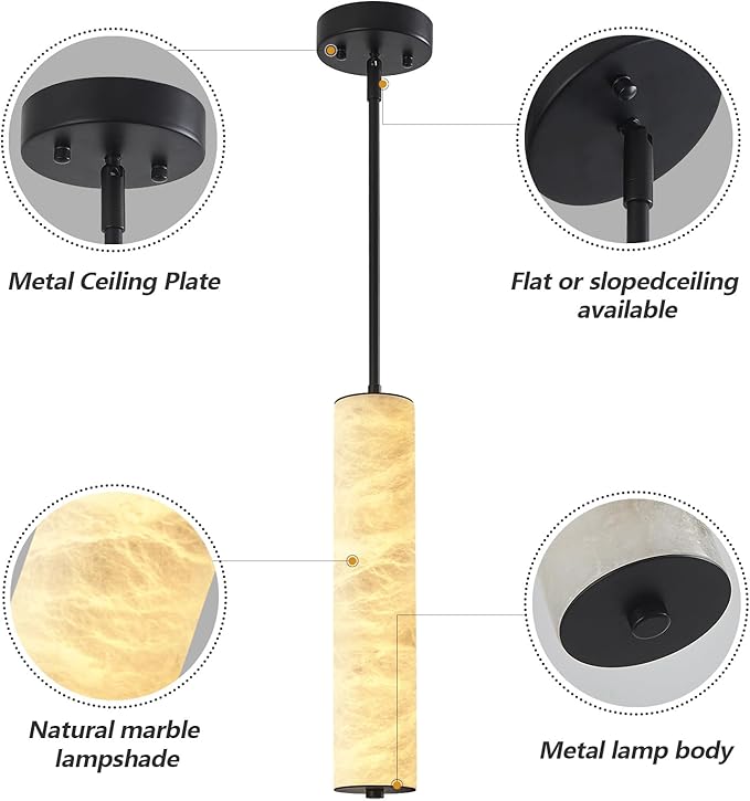 LMQNINE Natural Alabaster Pendant Lights White Marble 15" Long Tube Adjustable Boom Chandelier Modern 3000K Black Ceiling Light for Kitchen Island Bedroom Dining Room Living Room Hallway(S-2Pack)