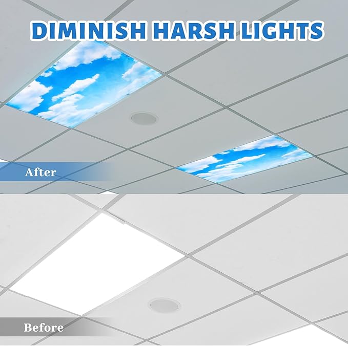 Funtery 10 Pack Fluorescent Light Covers 2 x 4 ft Magnetic Cover Ceiling Classroom Light Filters Cubicle Shield for Classroom Office Home Drop Ceiling Decorations(Blue Sky Cloud)