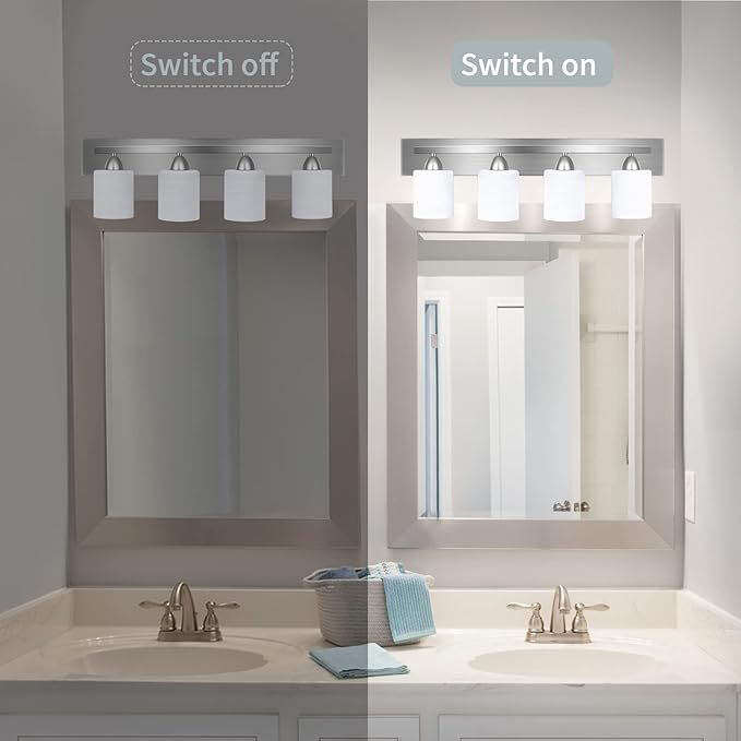 Bathroom Vanity Light Fixture, 4-Light Modern Bathroom Lights with Glass Shade, Brushed Nickel Bath Lighting Fixtures Over Mirror, Hollywood Style Interior Wall Sconce for Makeup Dressing Table