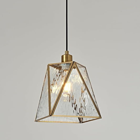 Milaii Copper Brass Pendant Light with Water Ripple Glass Lampshade 10.2" Geometric Glass Pendant Lighting Adjustable Hanging Lights Fixture for Kitchen Island Dining Room Hallway