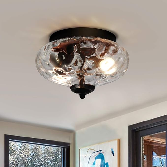 EDISLIVE Modern 2-Light Hammered Glass Flush Mount Light Pendant Ceiling Light Fixture 10.2" Indoor Ceiling Light for Hallyway Foyer Bedroom(Black)