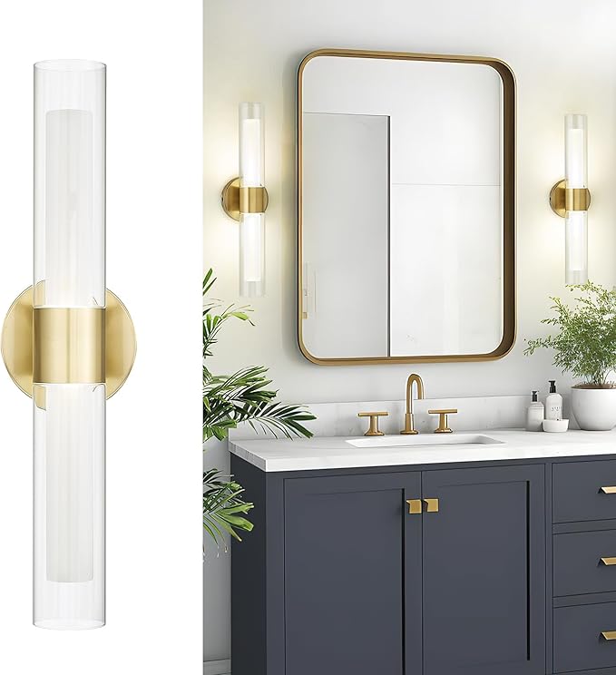 kudos Gold Bathroom Sconces Wall Lighting, Bathroom Vanity Light, Modern Wall Lights with Clear Glass and Frosted Glass,3000K/4500K/6000K Adjustable, KDVL06-GD-2