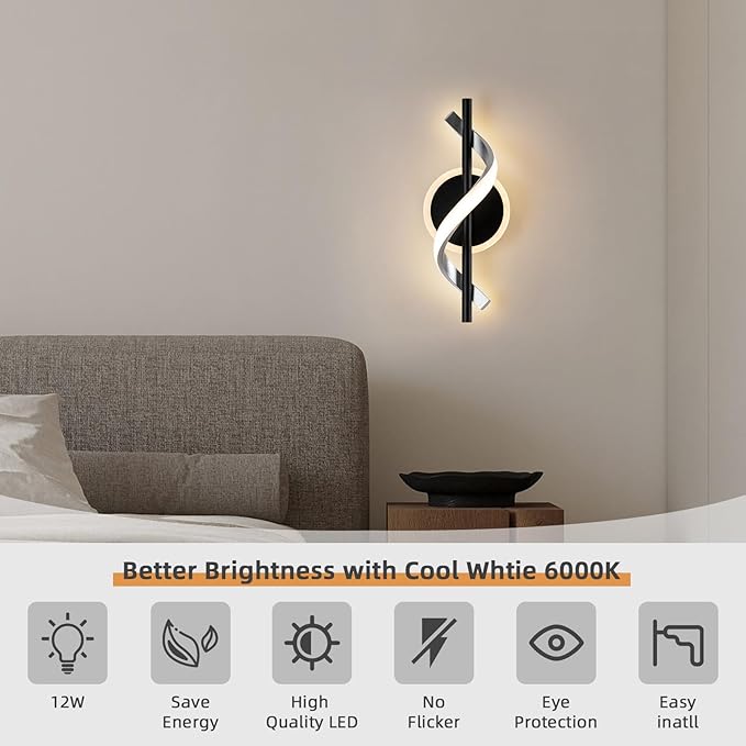 EIDISUNY LED Wall Sconces Indoor, 12W LED Wall Mount Lights, Modern Spiral Wall Lamp, 3000K Warm White LED Light Fixture for Stairs Living Room Bedroom Aisle Hallway (Warm White, Black)