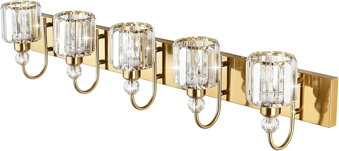 Ralbay Crystal Vanity Lights 5-Lights Brass Gold Over Mirror Modern Bathroom Wall Lighting Fixtures