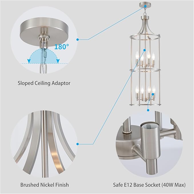 XINGQI Brushed Nickel Chandeliers for High Ceilings, 8 Light Lantern Tiered Chandelier Modern Farmhouse Cage Pendant Lighting Fixture for Staircase Foyer Kitchen Island Dinning Room Living Room