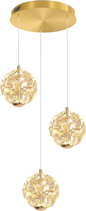 ykolupty Pendant Lights Kitchen Island 3-Light Gold Crystal Island Lights Dining Foyer Entrance Modern Chandeliers LED Dimmable 2700-6000K