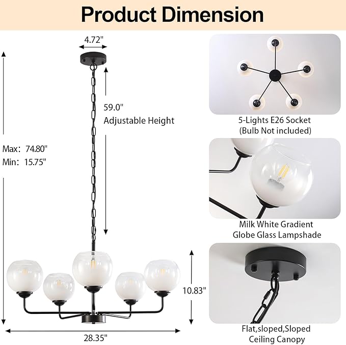 5 Light Globe Chandelier, Mid Century Modern Chandeliers for Dining Room, 28.35" Large Vintage Milk White Glass Pendant Light,Hanging Sputnik Ceiling Light Fixture for Bedroom Living Room Kitchen, E26