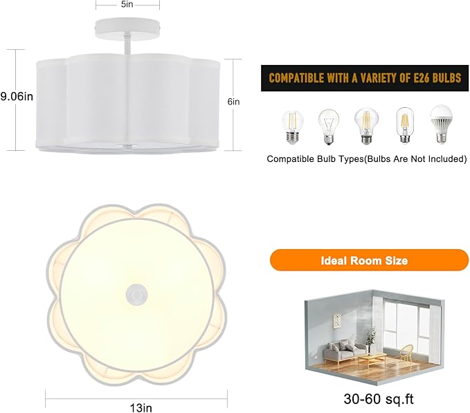 Drum Semi Flush Mount Ceiling Light, White Linen Fabric Shade Ceiling Light, Modern Farmhouse Close to Ceiling Light for Bedroom, Hallway, Living Room, Dining Room, Laundry Room