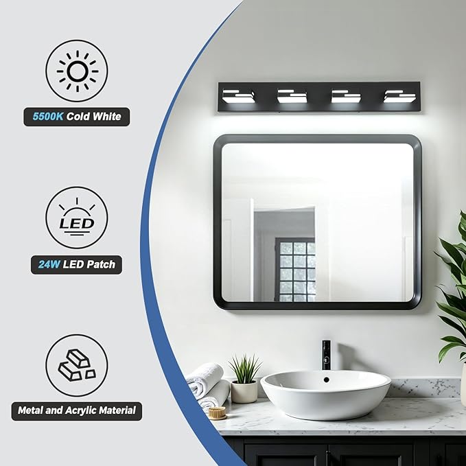4-Light Modern Bathroom Vanity Light Fixtures, 30-Inch 350° Rotatable LED Vanity Lights Over Mirror, Matte Black Metal Wall Sconce with Frosted Acrylic Shade, Non-Dimmable