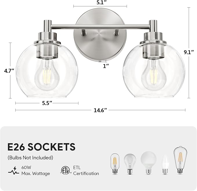 VONLUCE Bathroom Light Fixtures, 2-Light Vanity Lights with Globe Glass Shades E26 Sockets, Bathroom Lights Over Mirror for Bedroom Hallway Living Room, Brushed Nickel Finish, ETL Certificated