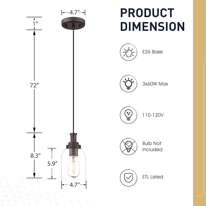 zeyu 2 Pack Farmhouse Pendant Light Fixtures, Industrial Hanging Light for Kitchen Island, Clear Glass Shade, Oil Rubbed Bronze Finish, ZG33M1L-2 ORB