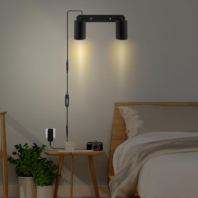 Plug in Track Lighting Track Light Fixtures with Power Cord Wall Spotlight Flexibly Rotatable Heads Plug in Ceiling Lights for Kitchen Cabinet Gallery Bar Living Room 10W 3000K(Black, 2 Heads)