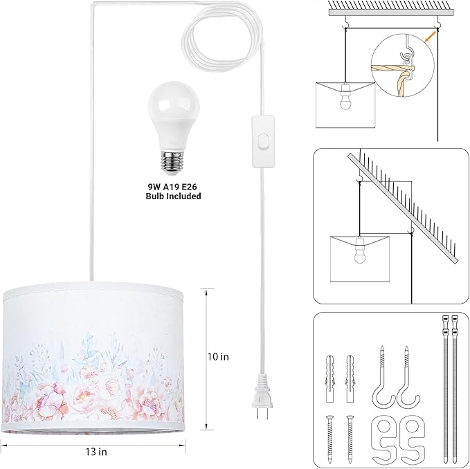 Qingmiao Boho Plug in Pendant Light, Hanging Lamp Plug in with Fabric Shade, 3-Way Dimmable Hanging Light Fixture for Living Room Bedroom Kitchen Ceiling Farmhouse Home Decor