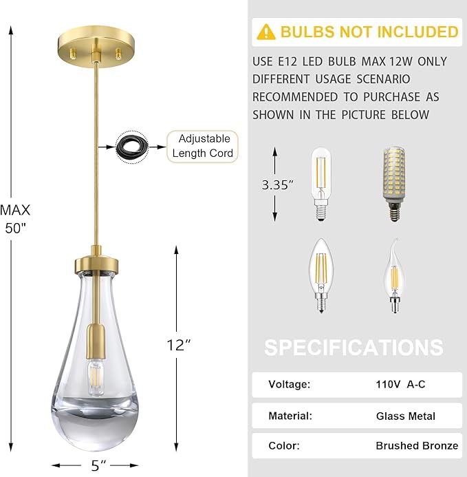 2 Pack 5 Inch Hanging Raindrop Crystal Glass Kitchen Island Modern Concise Pendant Ceiling Light Fixture,Gold Finish for Kitchen Island Dining Room Bedroom Hallway,UL Listed