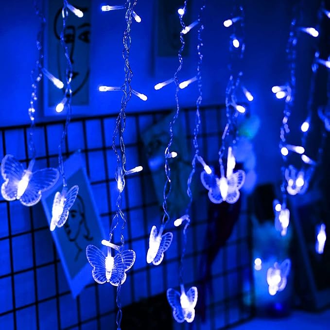 Curtain Butterfly String Light 20Ft 120LED Window USB Fairy Lights 24 Butterfly 8 Modes with Remote Control for Room Bedroom Patio Party Wedding Holiday Christmas Decoration (Blue)