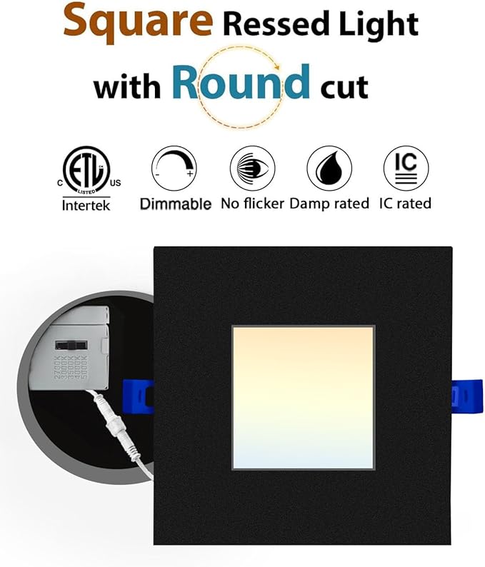 Adetu 4 inch Square Led Recessed Lighting Black,5CCT Ultra Thin Square Led Ceiling Light with Junction Box,2700K-5000K, 10W 860LM,Can-Killer Wafer Downlight,ETL and Energy Star Certified