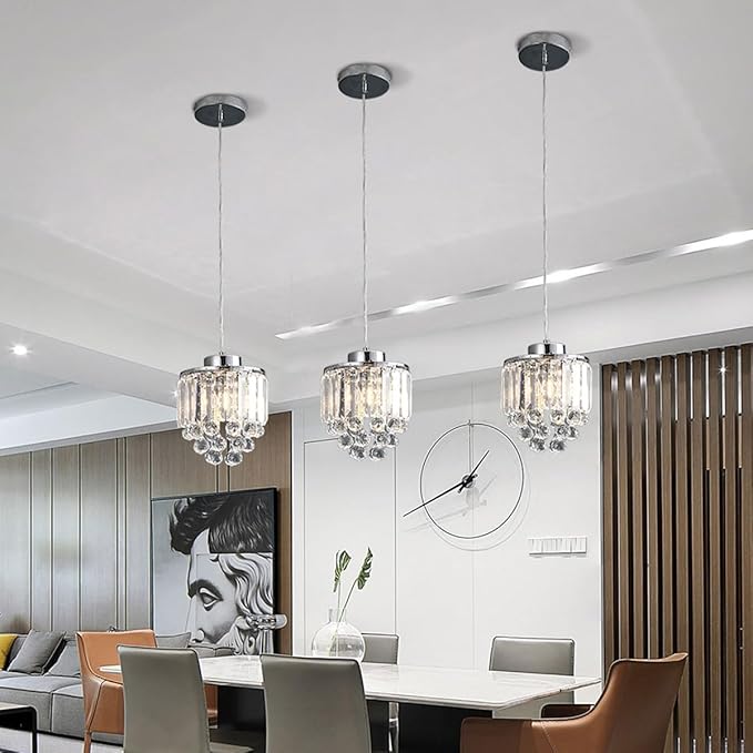 TFCFL 3 Pcs Crystal Chrome Ceiling Pendant Light Fixture, Chrome Pendant Light with Crystal Beads Modern Pendant Hanging Lighting Fixture for Dining Room Hallway