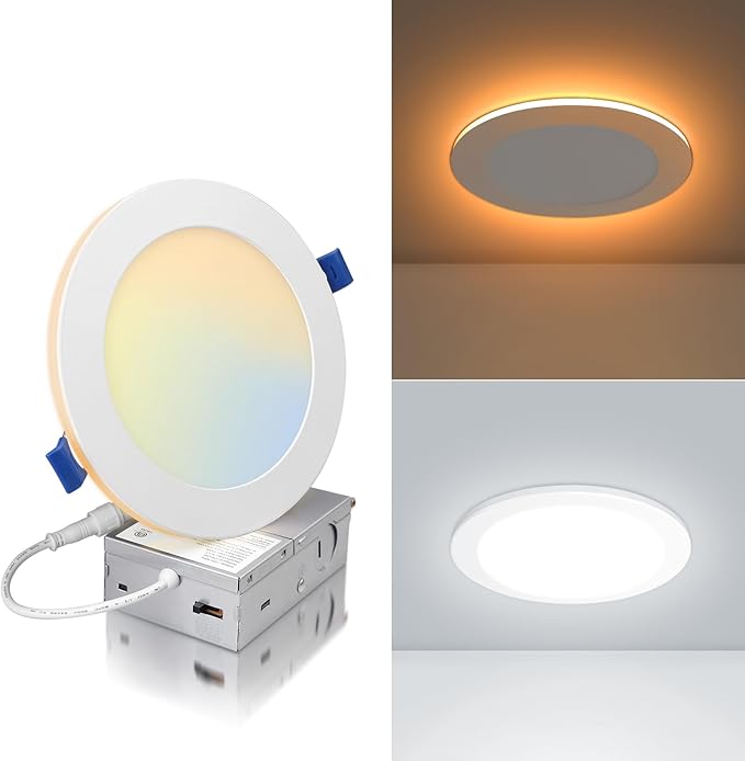 ECOELER 6 Inch 5CCT LED Recessed Ceiling Light with Night Light, 12W 1050Lm Slim Canless Wafer Downlight, Dimmable & 5 Color Selectable Recessed Lighting, ETL&FCC Listed