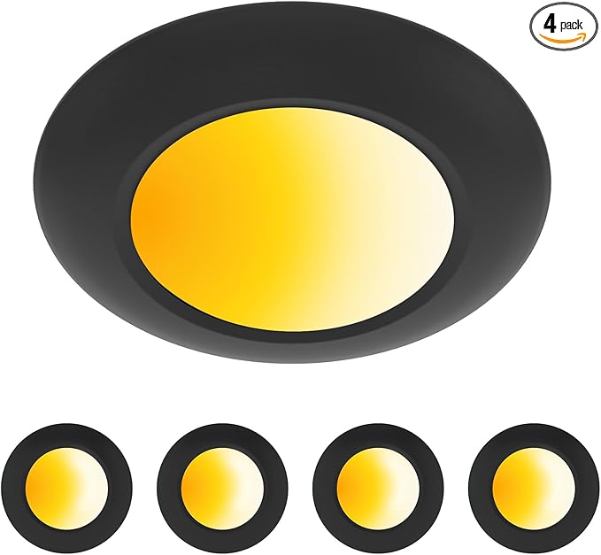 ZAGO Black 6 Inch LED Disk Light: Surface Mount Low Profile Recessed Retrofit Ceiling Fixture for J Box, 4 Packs, 5CCT Switchable, Dimmable, 120V, 15W, 920LM, CRI>80, ETL, Wet Location