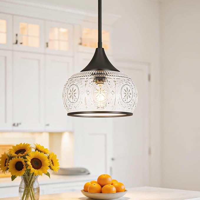 Black Pendant Light - Modern Pendant Lights Kitchen Island with Handblown Glass, Vintage Hanging Light for Kitchen with Adjustable Height, Lithging Fixture for Dining Room Sink