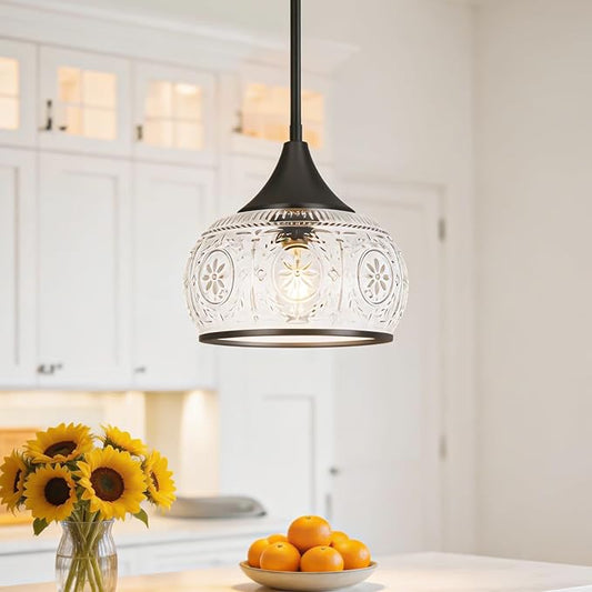Black Pendant Light - Modern Pendant Lights Kitchen Island with Handblown Glass, Vintage Hanging Light for Kitchen with Adjustable Height, Lithging Fixture for Dining Room Sink