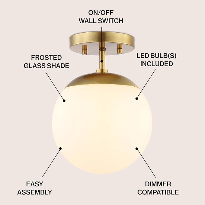 JONATHAN Y 7.75" Brass Gold Modern Semi Flush Mount Ceiling Light, LED Fixture for Entryway, White Frosted Glass Globe Shade, Mid-Century Farmhouse Lighting for Bedroom Hallway JYL7499A