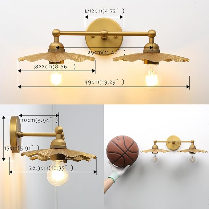 Pathson 2-Head Wall Sconce Lamps Flower Design, Brass Bathroom Vanity Wall Light Above Mirror Lighting Fixture, Hardwired Metal Home Decor for Living Room Farmhouse Kitchen Lights
