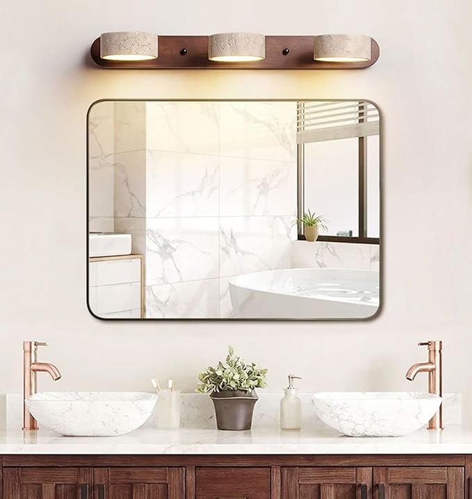 Dark Wood Farmhouse Bathroom Vanity Light 4 Lights Modern Stone Cylinder Wall Lamp Travertine Shade Linear Bathroom Wall Sconce Rotatable LED Wall Light Over Mirror - Walnut Color