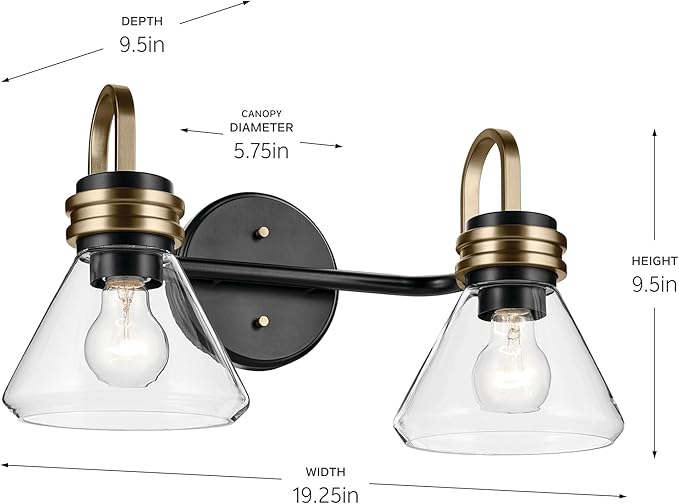 Kichler Farum 19.25" 2-Light Bathroom Vanity Light Fixture with Clear Glass in Black, Modern Wall Mount Light for Vanity Mirror Over Sink (19.25" W x 9.5" H), 55154BKCLR