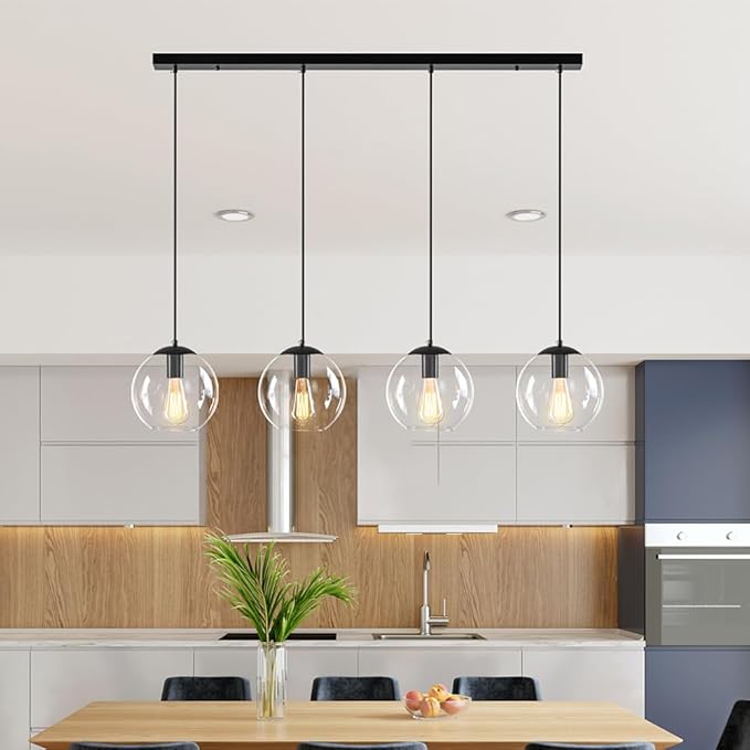 Globe Pendant Light, Modern Hanging Lighting Fixture, Classic Cluster Chandelier with Clear Glass Shades(Black, 4 Lights, 37.4 Inch)