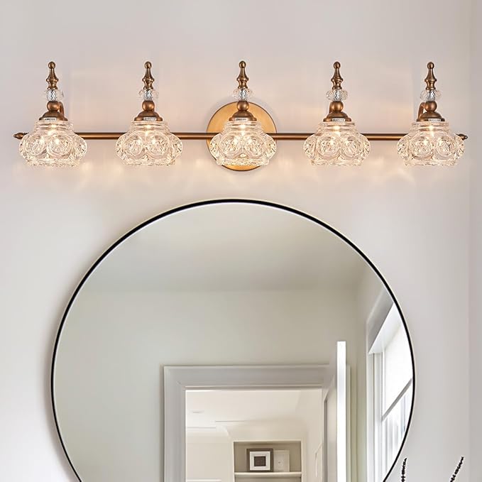 Brass 5-Light Bathroom Vanity Light, Vintage Bathroom Lighting Fixtures with Thick Crystal Glass Shade, Living Room