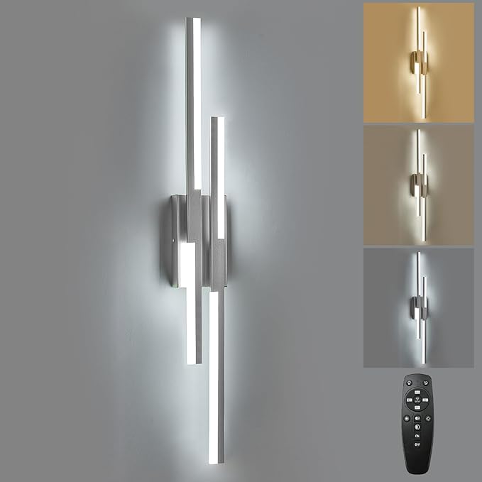 Benkut Modern LED Wall Sconce Silver Remote Wall Light Fixtures for Bathroom, Dimmable Vanity Light Indoor LED Remote Wall Sconce for Living Dining Room Bedside Bedroom(3000-6500K 35.4inch)