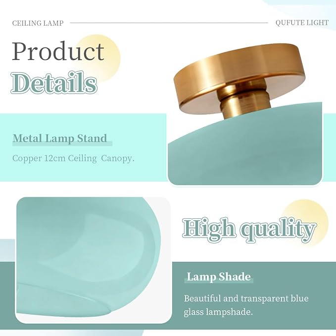 Blue Ceiling Light 1-Lamp Glass Flush Mount Ceiling Light Fixtures Milk Glass Shade Mid Century Flush Mount Lights Gold Brass Copper Close to Lighting for Hallway Entrance