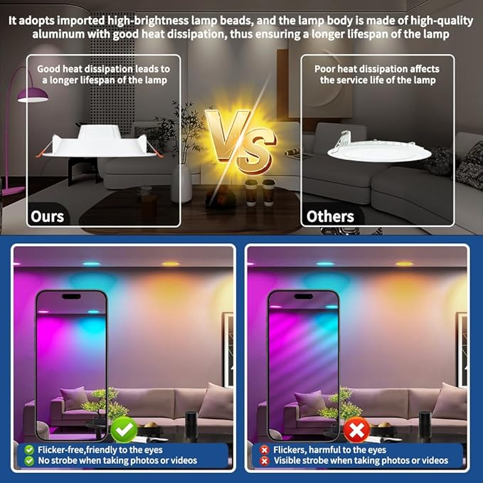 10 Pack LED Recessed Lighting 6 inch, RGBCW Recessed Ceiling Lights Compitable with Alexa, 2700K-6000K Dimmable 1350LM LED Recessed Lights with Junction Box, 16 Million Colors, Timer