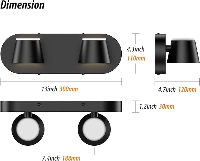 URSOLA 2 Light Bathroom Vanity Light, LED Black Wall Light Fixtures, Up and Down Rotatable Dimmable, 13 inch Bathroom Lighting Fixtures Over Mirror