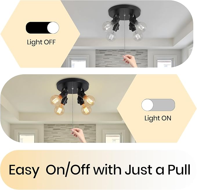 SEEBLEN 4 Light Flush Mount Ceiling Light with Pull Chain, Industrial Kitchen Ceiling Light with Rotatable Light Head,Black Pull Chain Ceiling Spotlight for Bedroom Hallway Kitchen Laundry