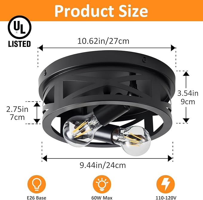 2-Light Flush Mount Ceiling Light Fixtures, Industrial Farmhouse Ceiling Light, Black Hallway Light Fixtures Ceiling, Vintage Light Fixtures Ceiling Mount Lamp for Hallway Kitchen Bedroom (2 Pack)