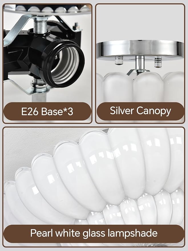 Semi Flush Mount Ceiling Light, Pearl white Glass Ceiling Light Fixture, 3-Bulb Modern Close to Ceiling Light, Vintage Glass Ceiling Lights for Bedroom Kitchen Living Room, Bulb Not Included