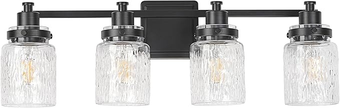 4 Lights Bathroom Light Fixtures Farmhouse Black Vanity Lights for Bathroom Lighting Fixtures Over Mirror with Hammered Glass Lampshade for Cabinet Mirror Bedroom Hallway