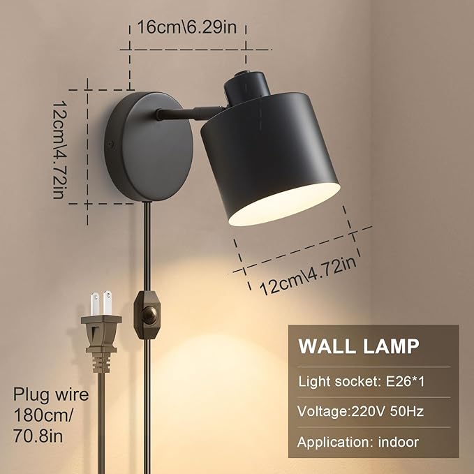 LIGHTESS Plug in Wall Sconces Set of 2 with Switch, 350° Rotatable Dimmable Corded Wall Sconce, Black Wall Lamps for Bedroom Living Room Hallway Kitchen Bedside (Bulb Not Included)