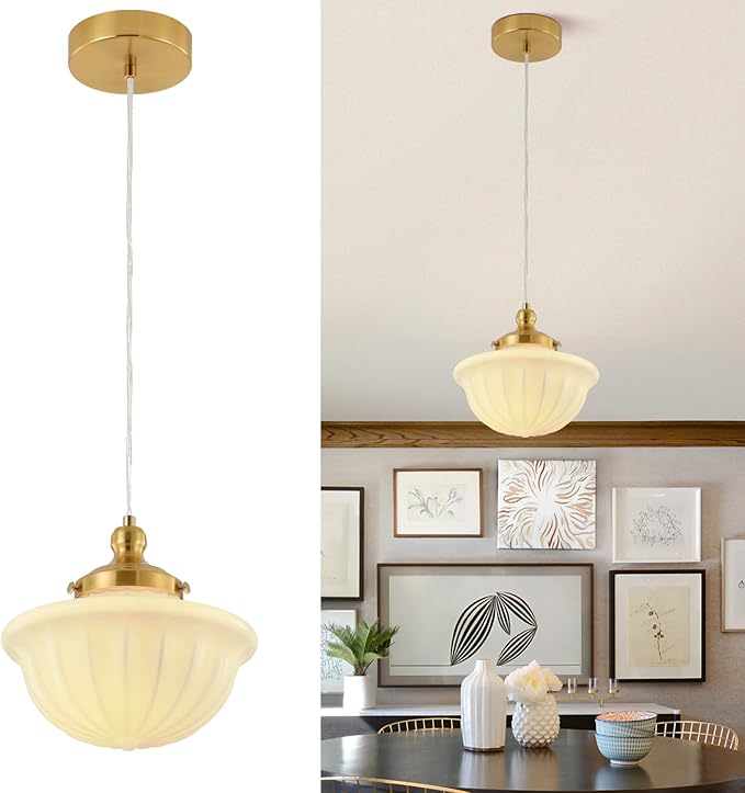 Schoolhouse Milk White Glass Pendant Light,9" Adjustable Hanging Pendant Light, Gold Mid Century Light Fixtures for Bedroom Diningroom Hallway Entryway