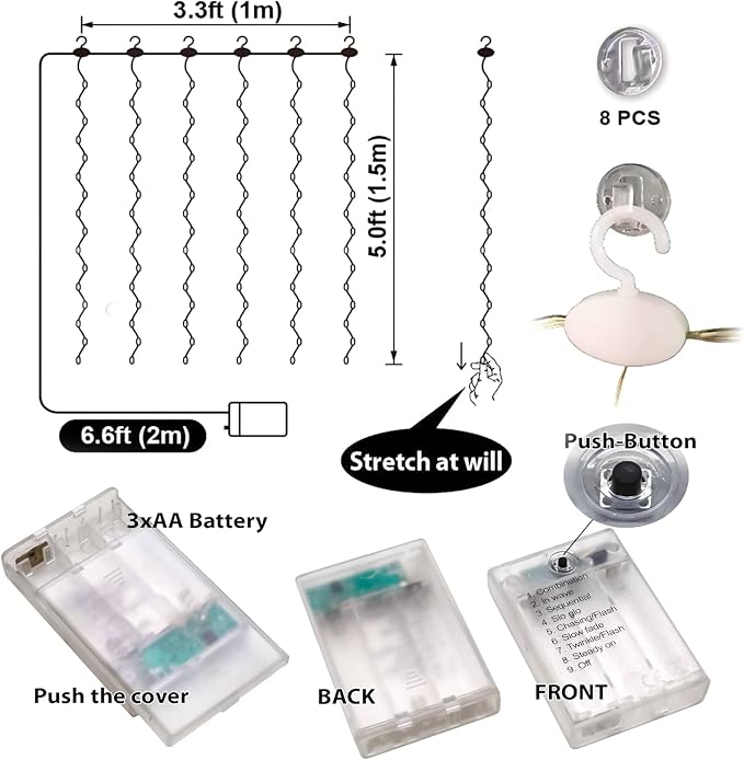HXWEIYE Short Curtain Lights for Small Window, 3.3x5Ft Warm White Fairy Light with Timer & 8 Clips for Bedroom, Battery Powered 96Led String Light for Indoor Weddings Party Garden Wall Decor